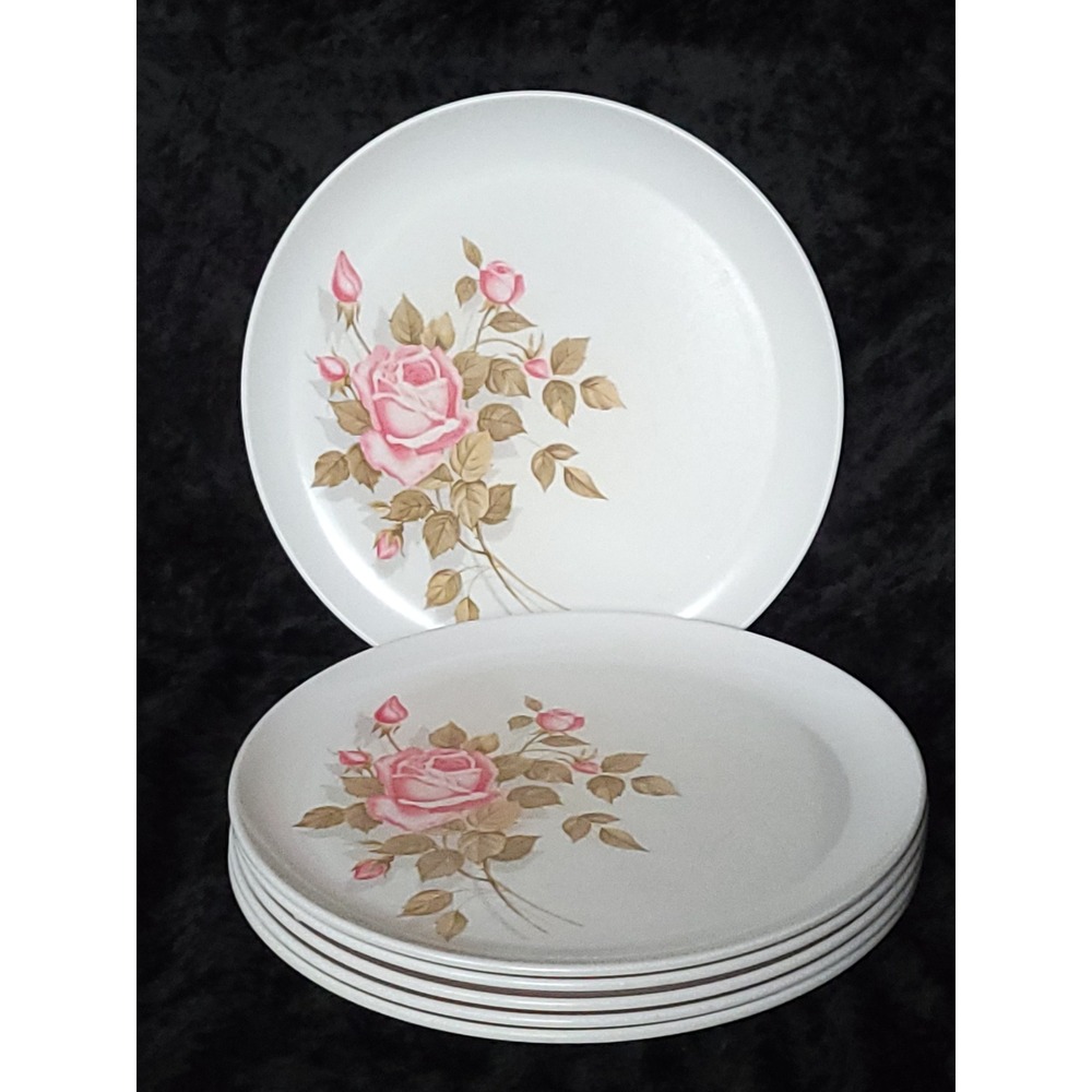 6 Vtg MCM Melmac Pink Rose 10" Dinner Plates Melamine 8201-10 Boonton